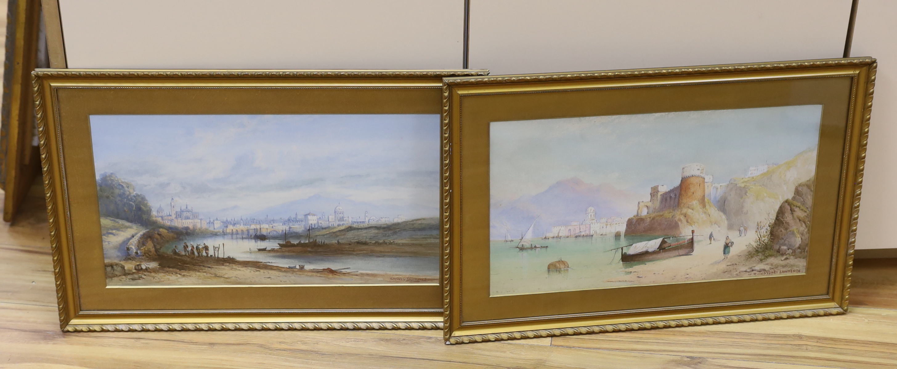 Sydney Mortimer Laurence (British, 1858-1940), pair of watercolours, Alpine lakeside town and Mountainous riverside town, signed, each approx. 23 x 44cm (2)